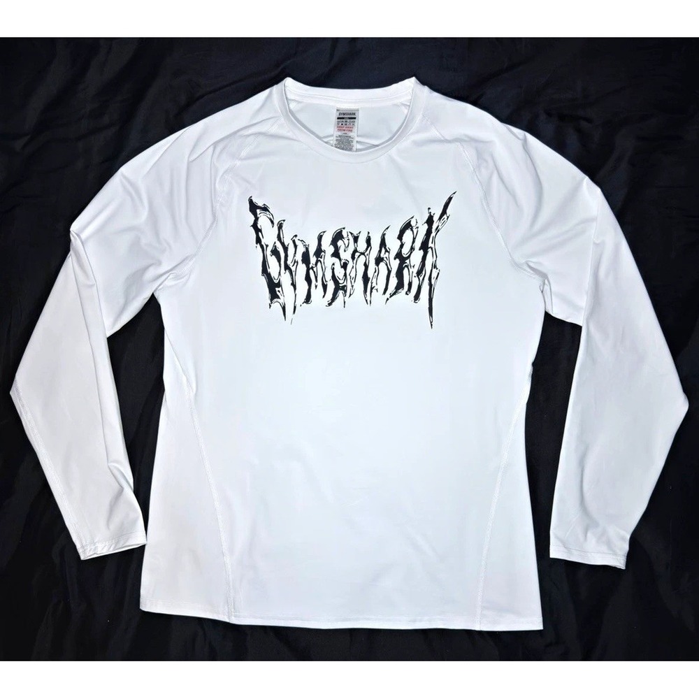 GYMSHARK Men's XXL White Long Sleeve Graphic Compression Workout Shirt